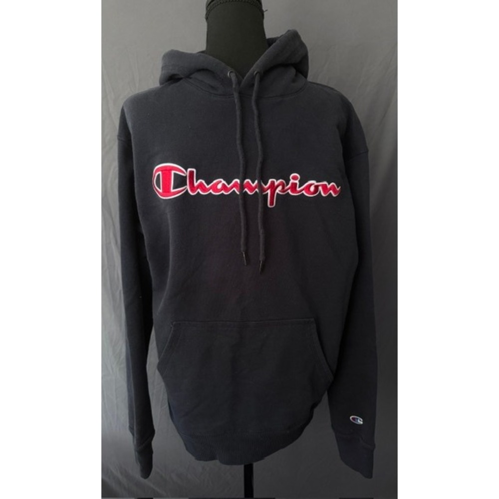 Champion Mens Navy Blue Script Logo Pullover Hoodie Sweatshirt GF89H Size M